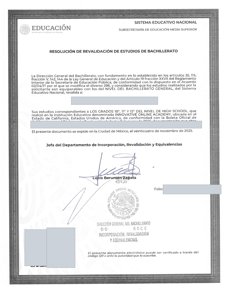 Ejemplo de Resolución de Revalidación de Estudios de Bachillerato emitida por la SEP
